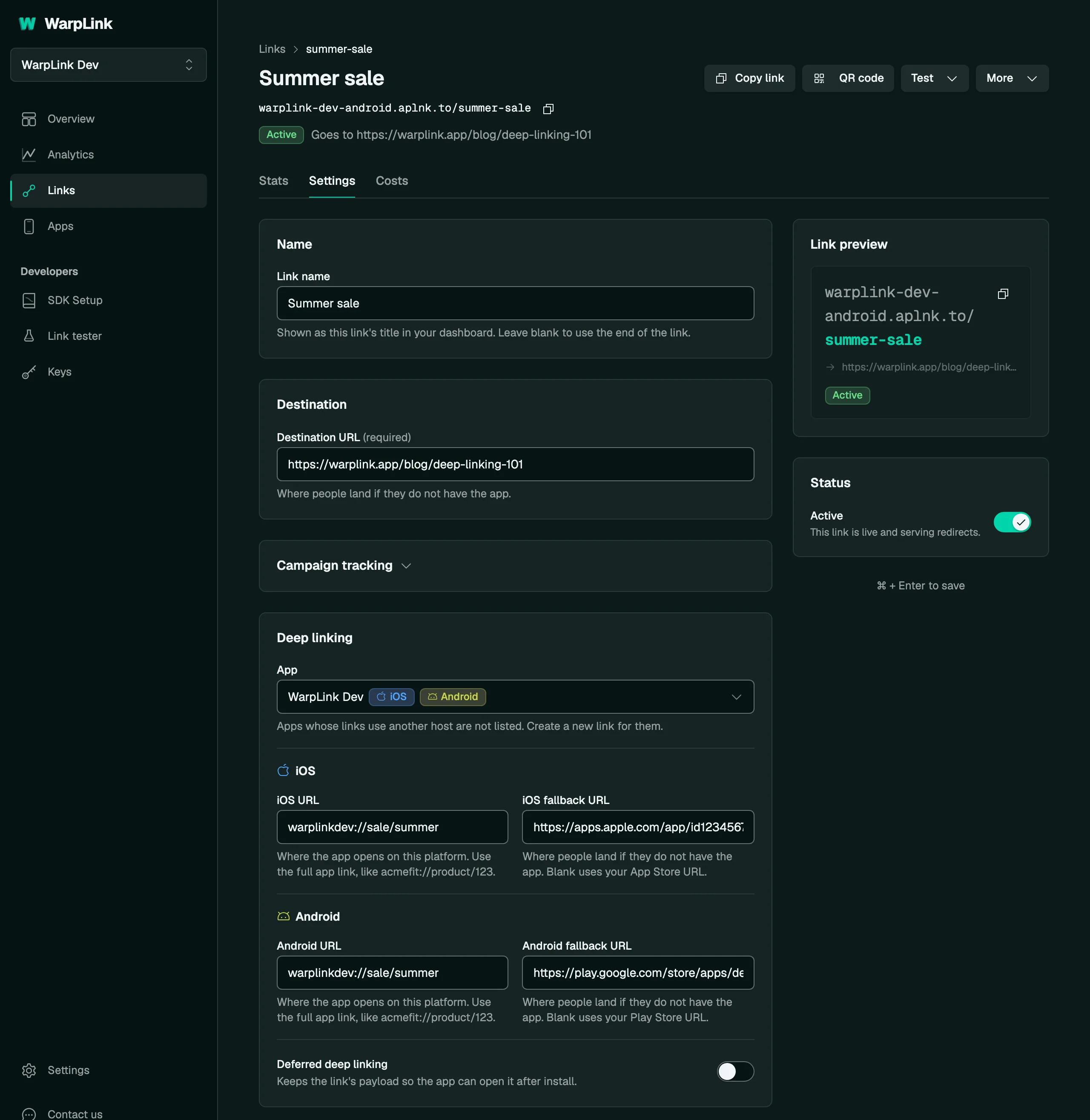 Sample dashboard: a link's settings with its destination and platform routes.
